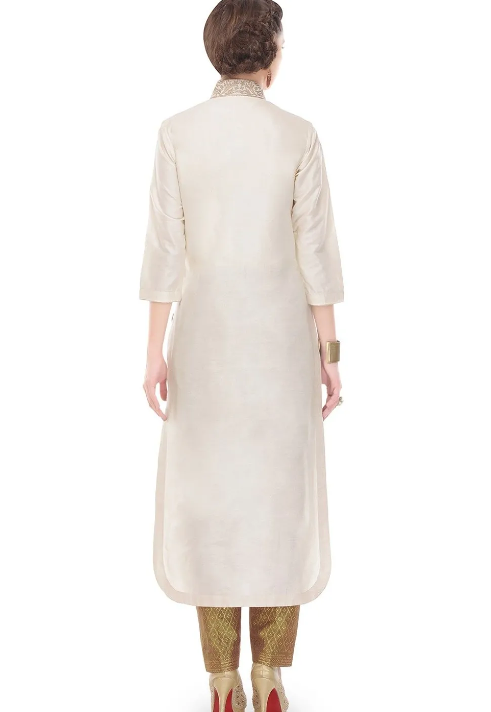 Plain Cotton Silk Long Kurta in Off White