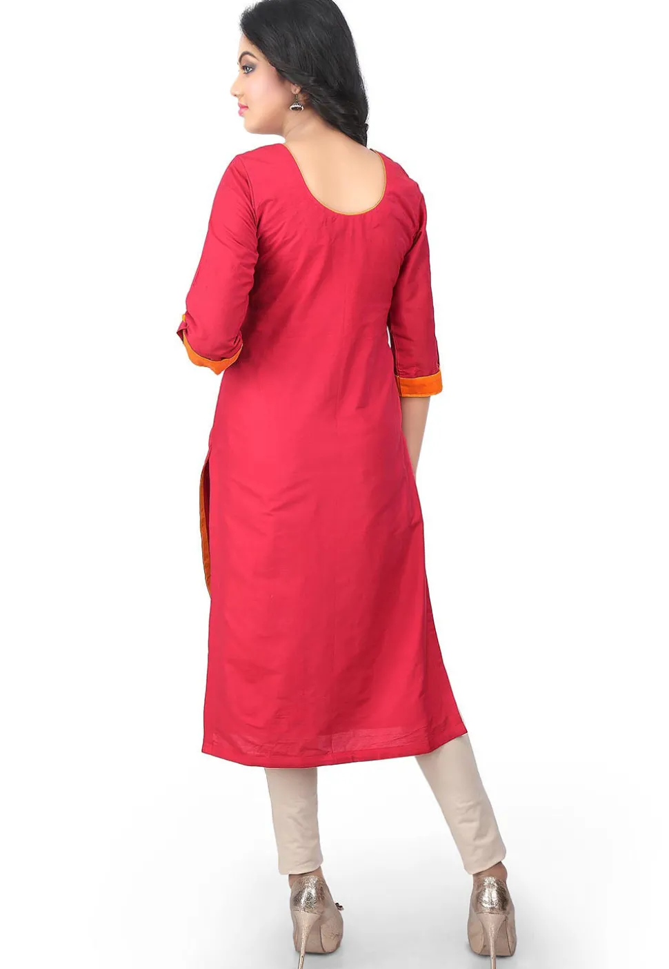 Plain Cotton Silk Long kurta in Red