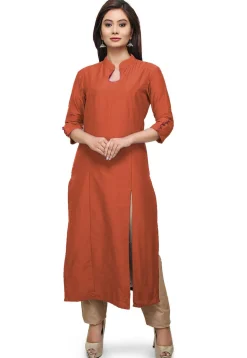 Plain Cotton Silk Side Slit Kurta in Rust