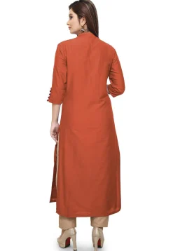 Plain Cotton Silk Side Slit Kurta in Rust