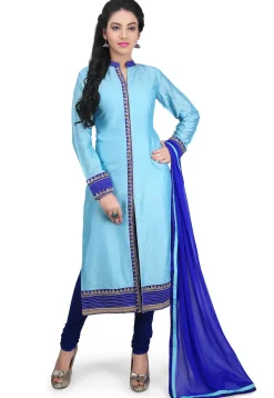 Plain Cotton Silk Straight Suit in Sky Blue