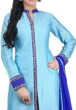 Plain Cotton Silk Straight Suit in Sky Blue