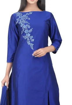 Plain Cotton Silk Straight Suit in Royal Blue