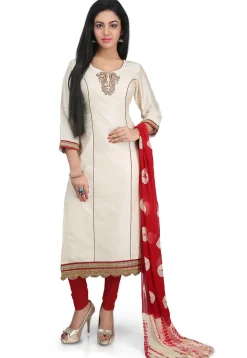 Plain Cotton Silk Straight Cut Suit in Off White