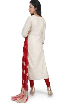 Plain Cotton Silk Straight Cut Suit in Off White