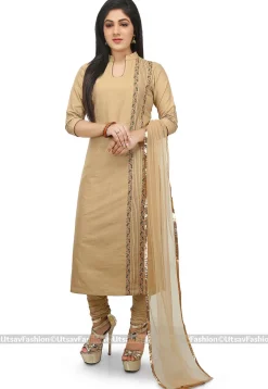 Plain Cotton Silk Straight Suit in Beige