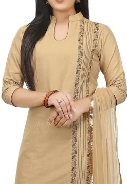 Plain Cotton Silk Straight Suit in Beige