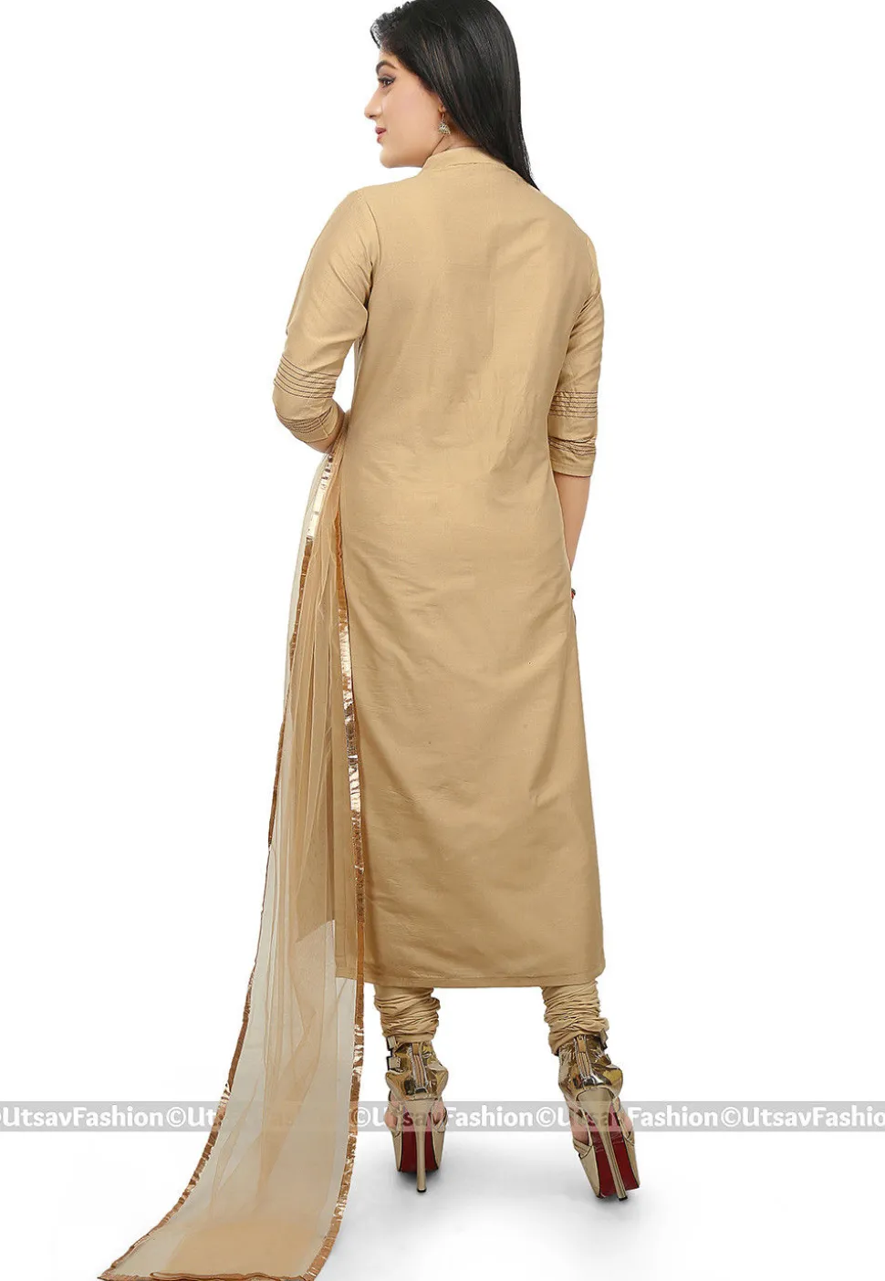 Plain Cotton Silk Straight Suit in Beige