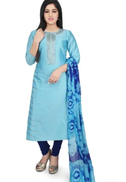 Plain Cotton Silk Straight Suit in Sky Blue