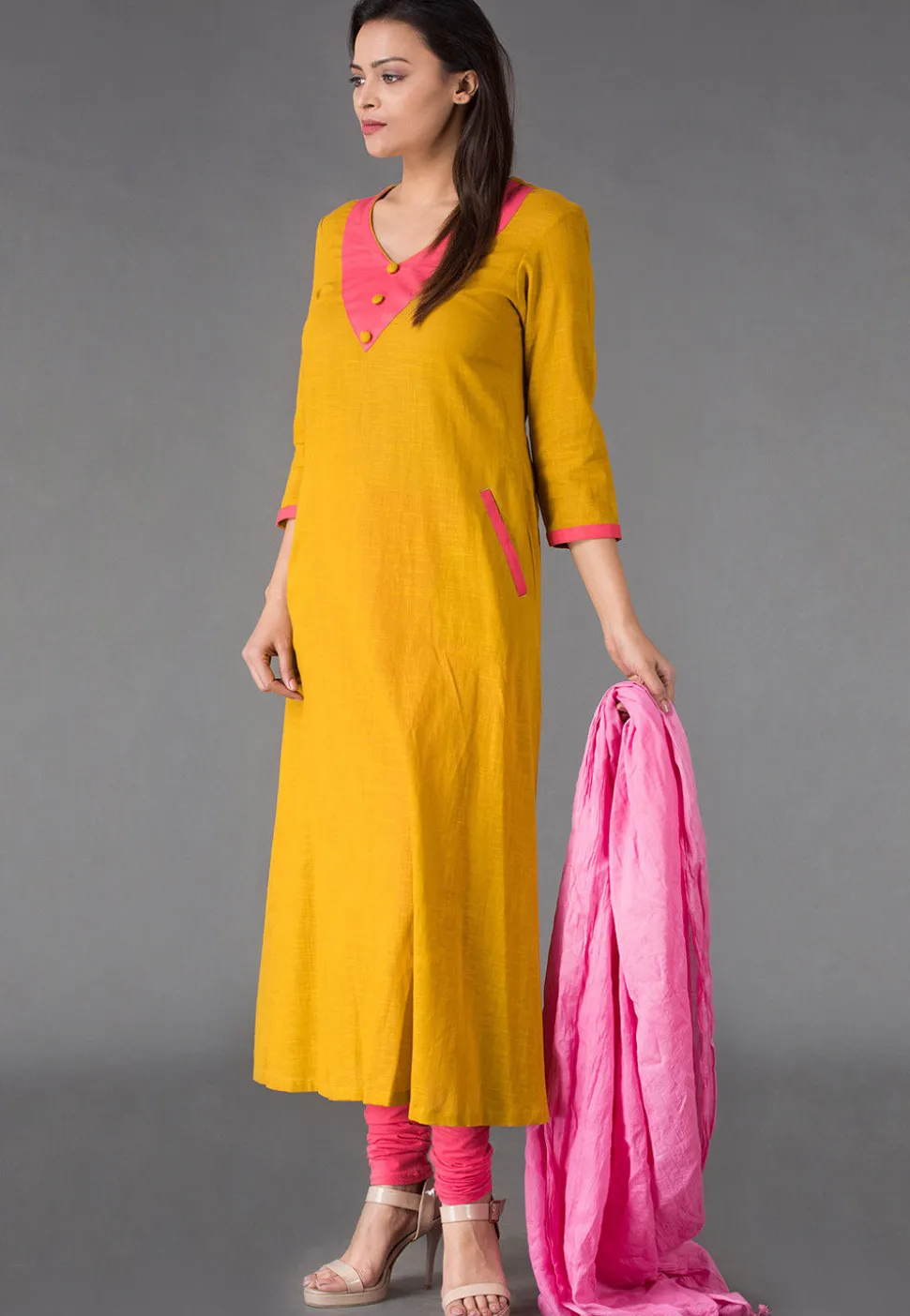 Plain Cotton Slub A Line Suit in Mustard