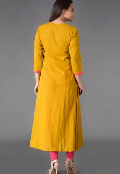 Plain Cotton Slub A Line Suit in Mustard