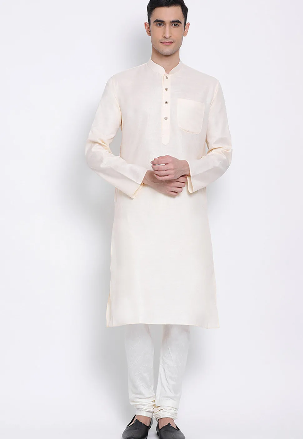 Plain Cotton Slub Kurta Set in Light Beige