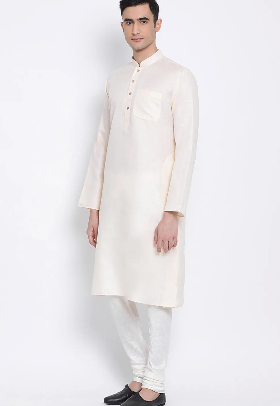 Plain Cotton Slub Kurta Set in Light Beige