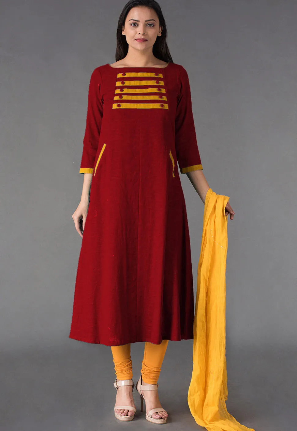 Plain Cotton Slub Straight Suit in Maroon