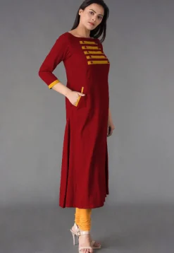 Plain Cotton Slub Straight Suit in Maroon