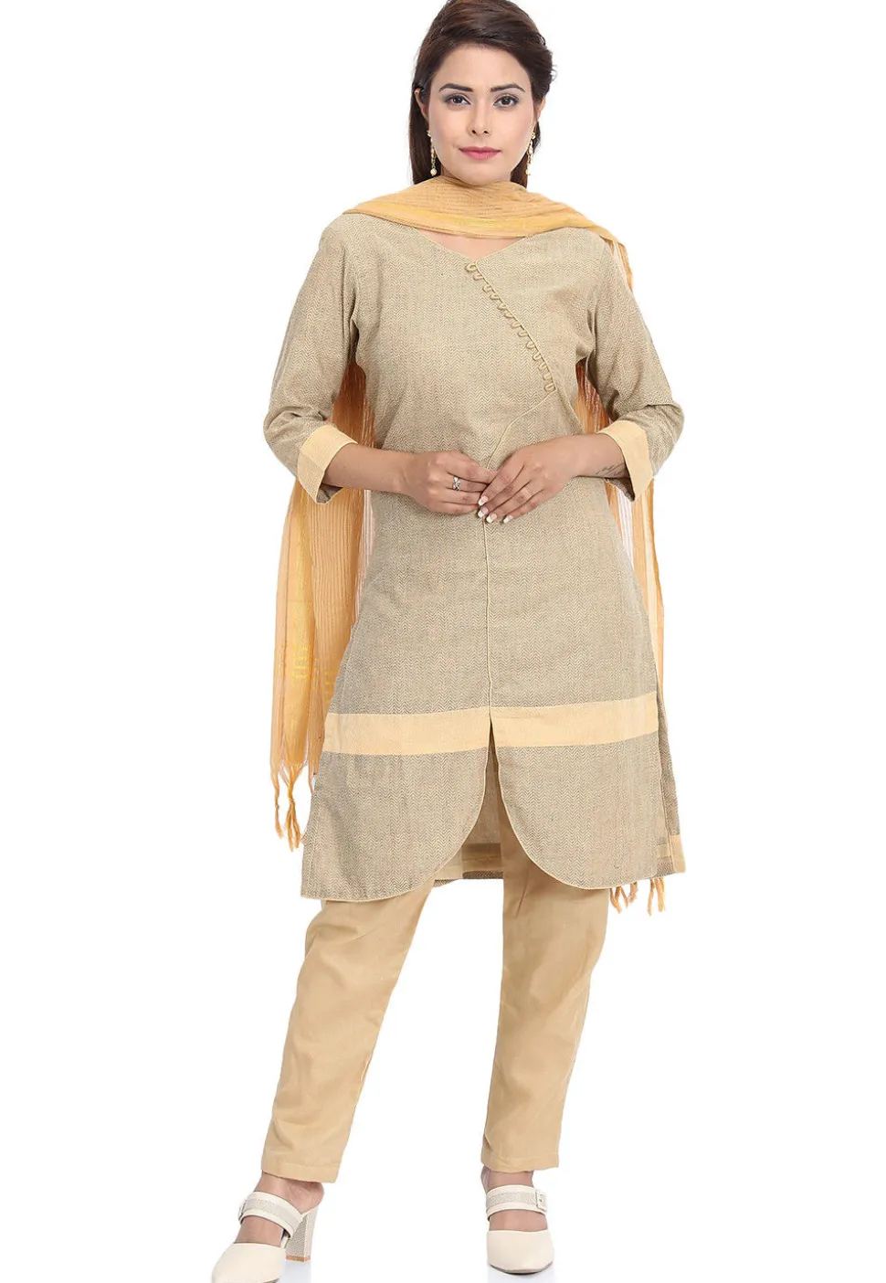 Plain Cotton Straight Suit in Fawn
