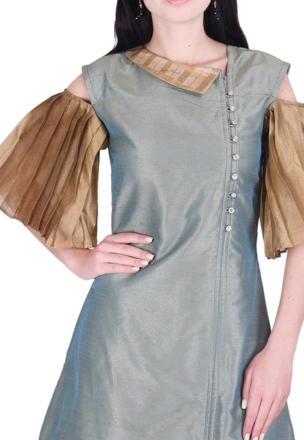 Plain Dupion Silk A Line Dress in Teal Blue