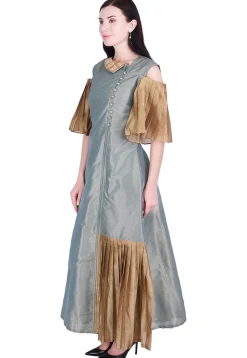 Plain Dupion Silk A Line Dress in Teal Blue
