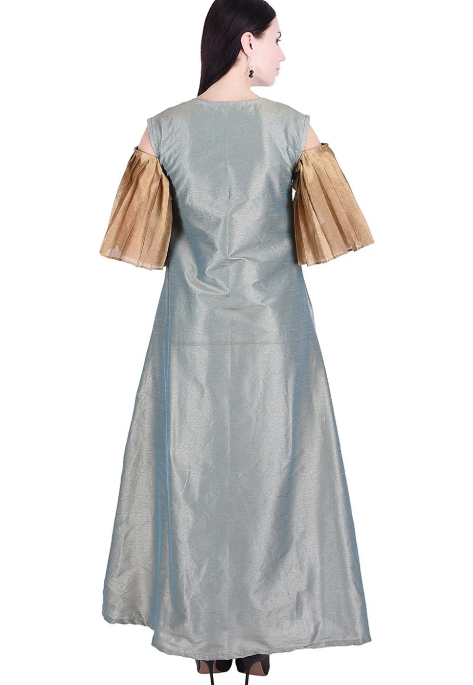 Plain Dupion Silk A Line Dress in Teal Blue