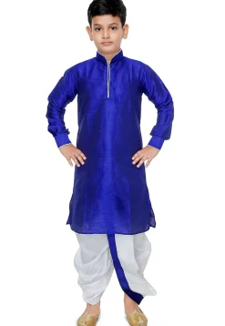 Plain Dupion Silk Dhoti Kurta Set in Royal Blue
