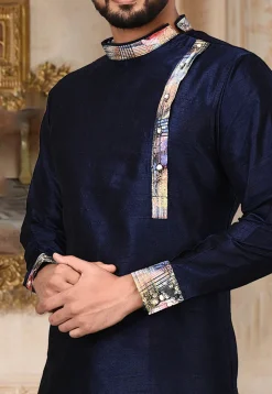 Plain Dupion Silk Dhoti Kurta in Navy Blue