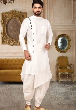 Plain Dupion Silk Dhoti Sherwani in White