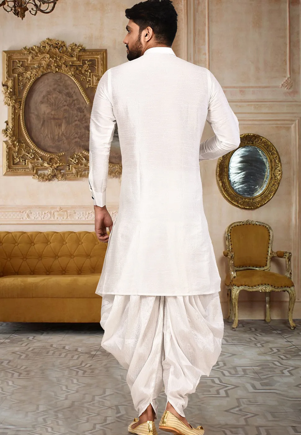 Plain Dupion Silk Dhoti Sherwani in White