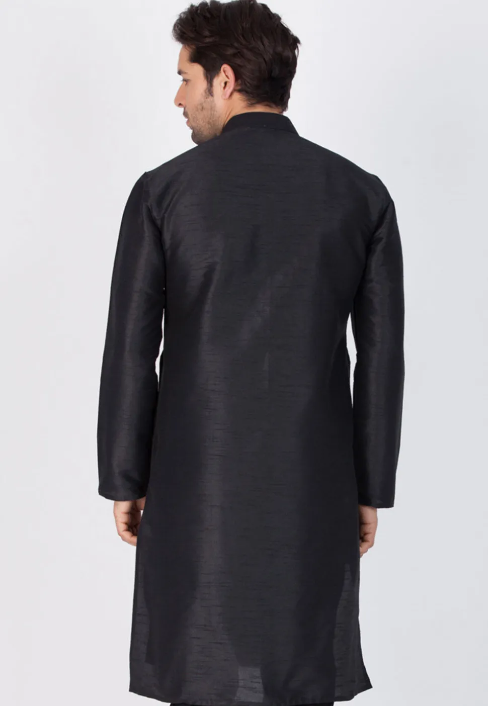 Plain Dupion Silk Kurta in Black
