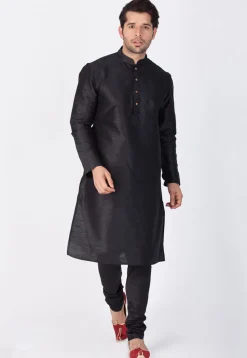 Plain Dupion Silk Kurta in Black