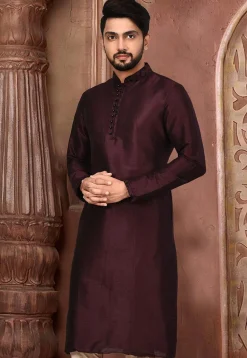 Plain Dupion Silk Kurta in Wine