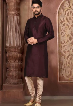 Plain Dupion Silk Kurta in Wine