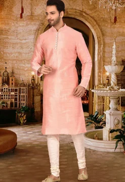 Plain Dupion Silk Kurta in Peach