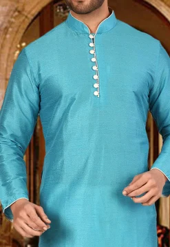 Plain Dupion Silk Kurta in Sky Blue