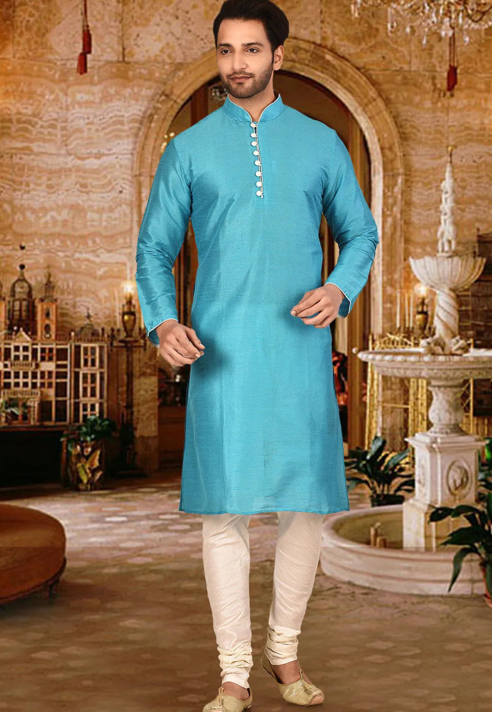 Plain Dupion Silk Kurta in Sky Blue