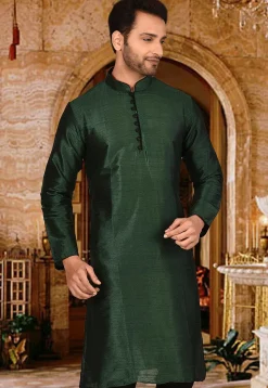 Plain Dupion Silk Kurta in Dark Green