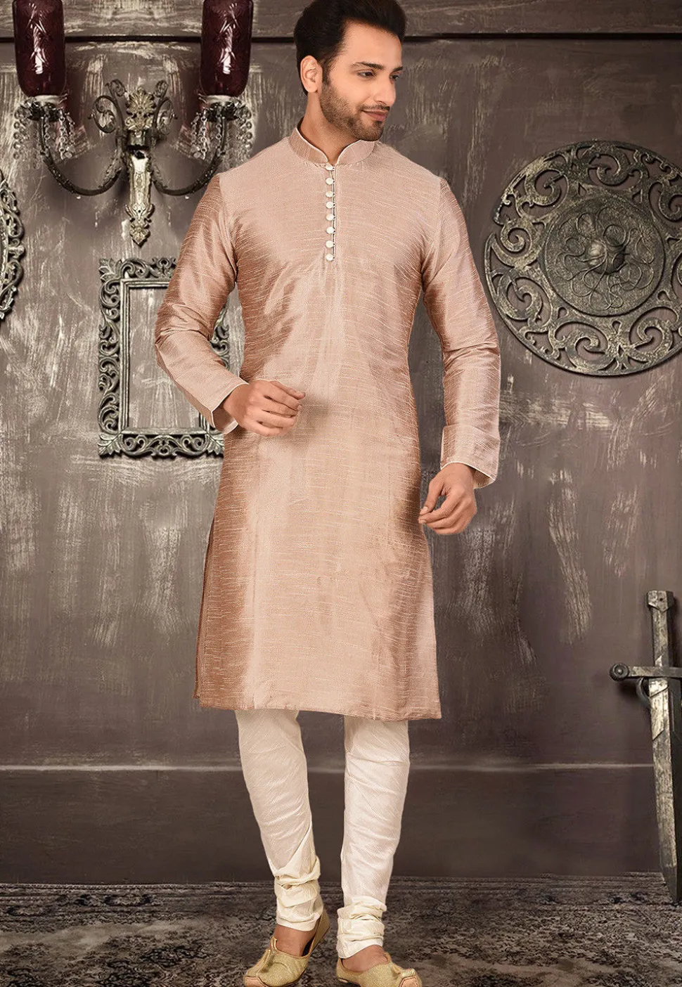 Plain Dupion Silk Kurta Set in Dusty peach