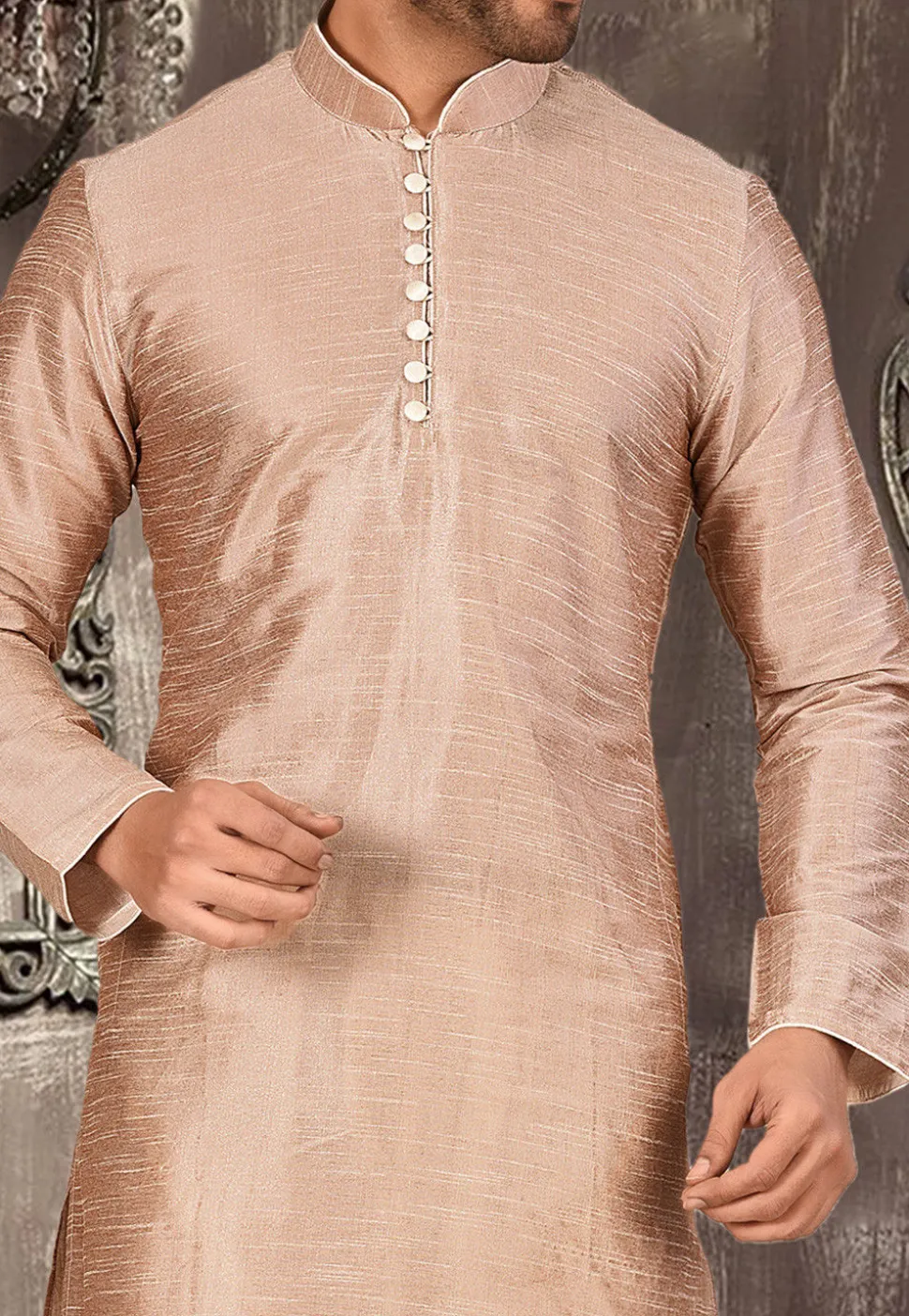 Plain Dupion Silk Kurta Set in Dusty peach