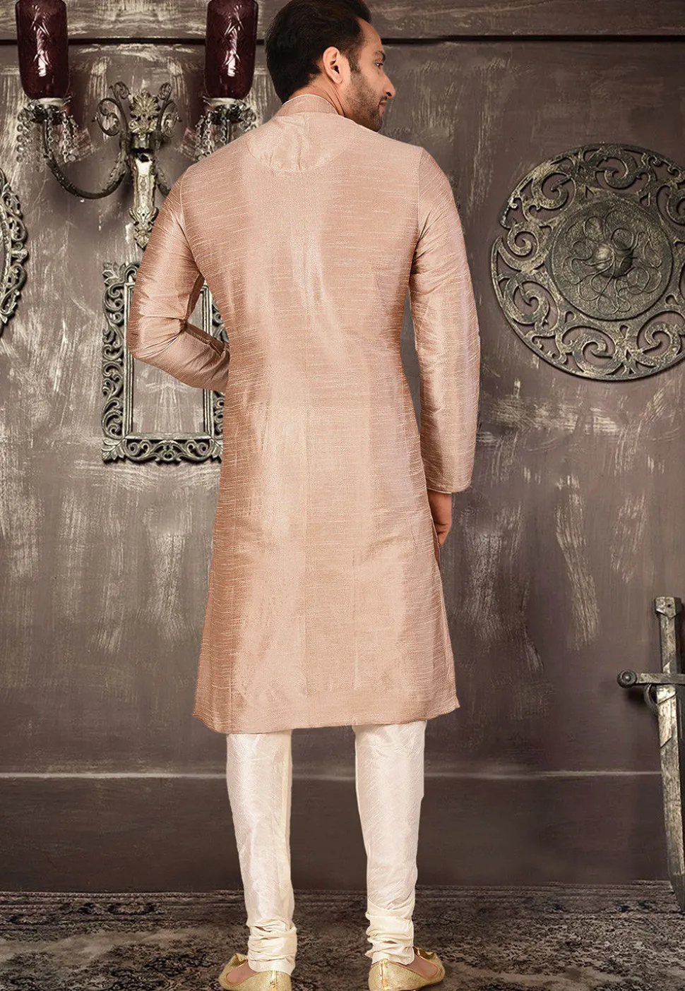 Plain Dupion Silk Kurta Set in Dusty peach