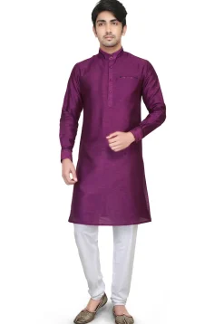 Plain Dupion Silk Kurta Set in Purple