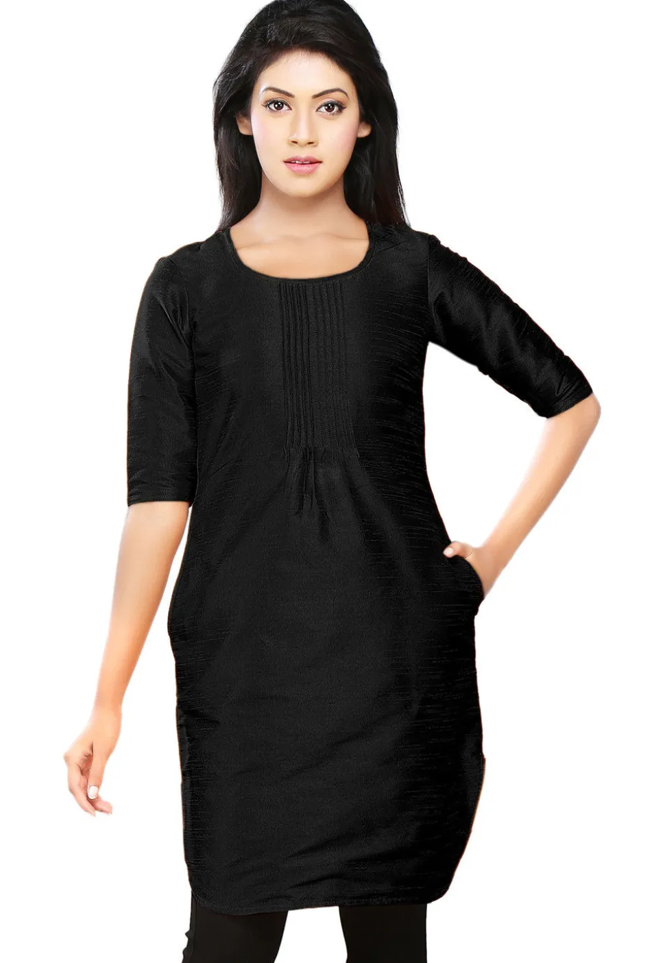 Plain Dupion Silk Kurti in Black