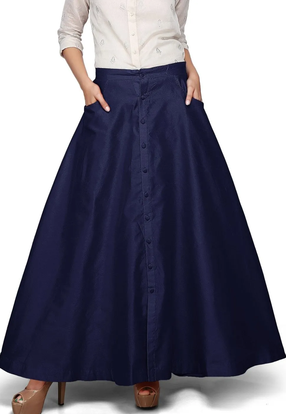 Plain Dupion Silk Long Skirt in Navy Blue