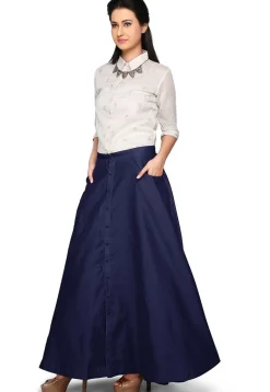 Plain Dupion Silk Long Skirt in Navy Blue