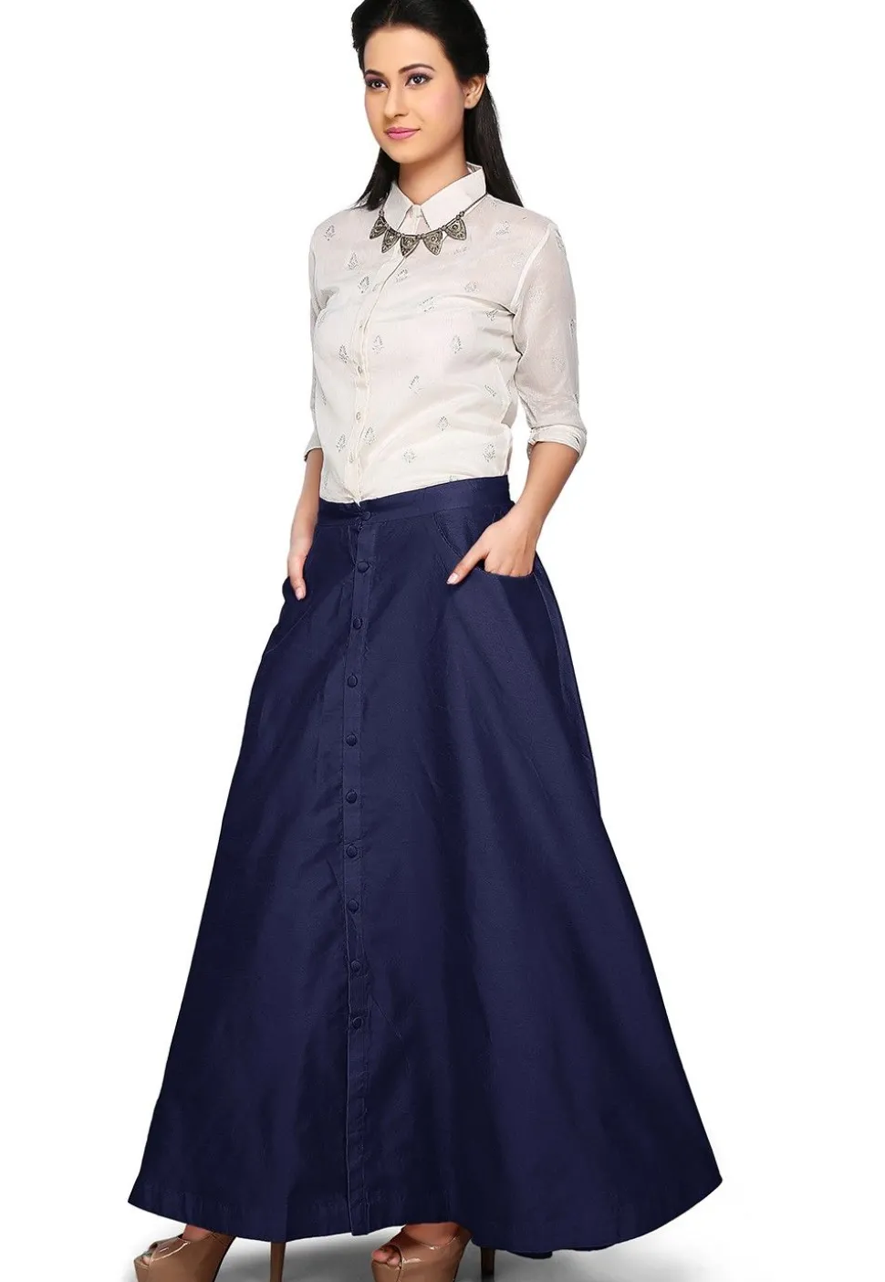 Plain Dupion Silk Long Skirt in Navy Blue
