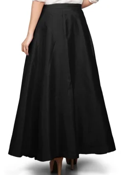 Plain Dupion Silk Long Skirt in Black