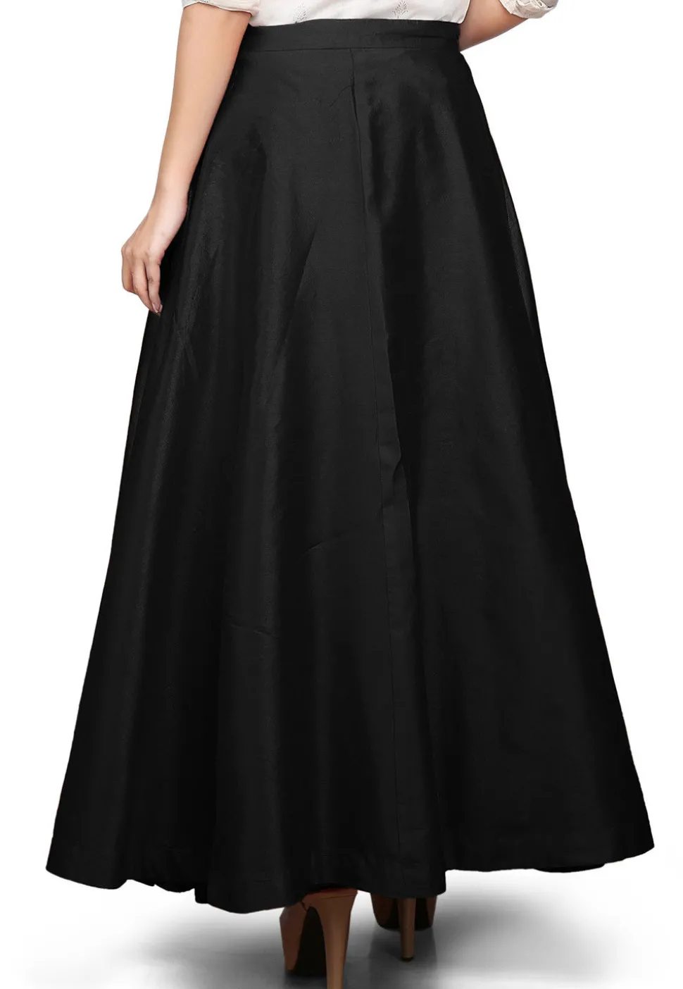Plain Dupion Silk Long Skirt in Black