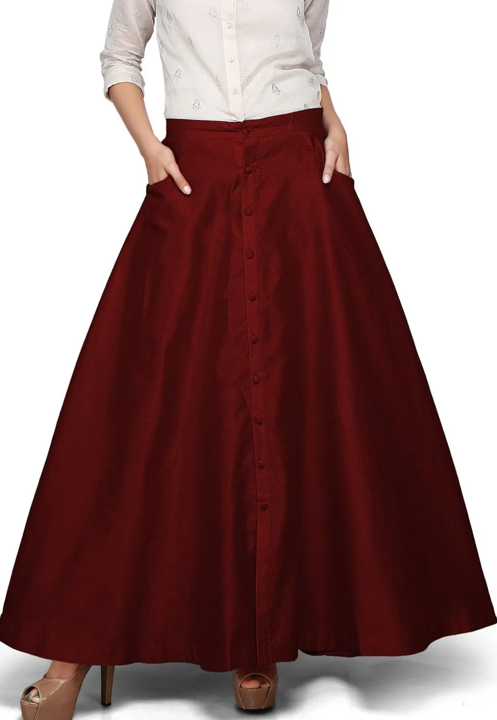 Plain Dupion Silk Long Skirt in Maroon