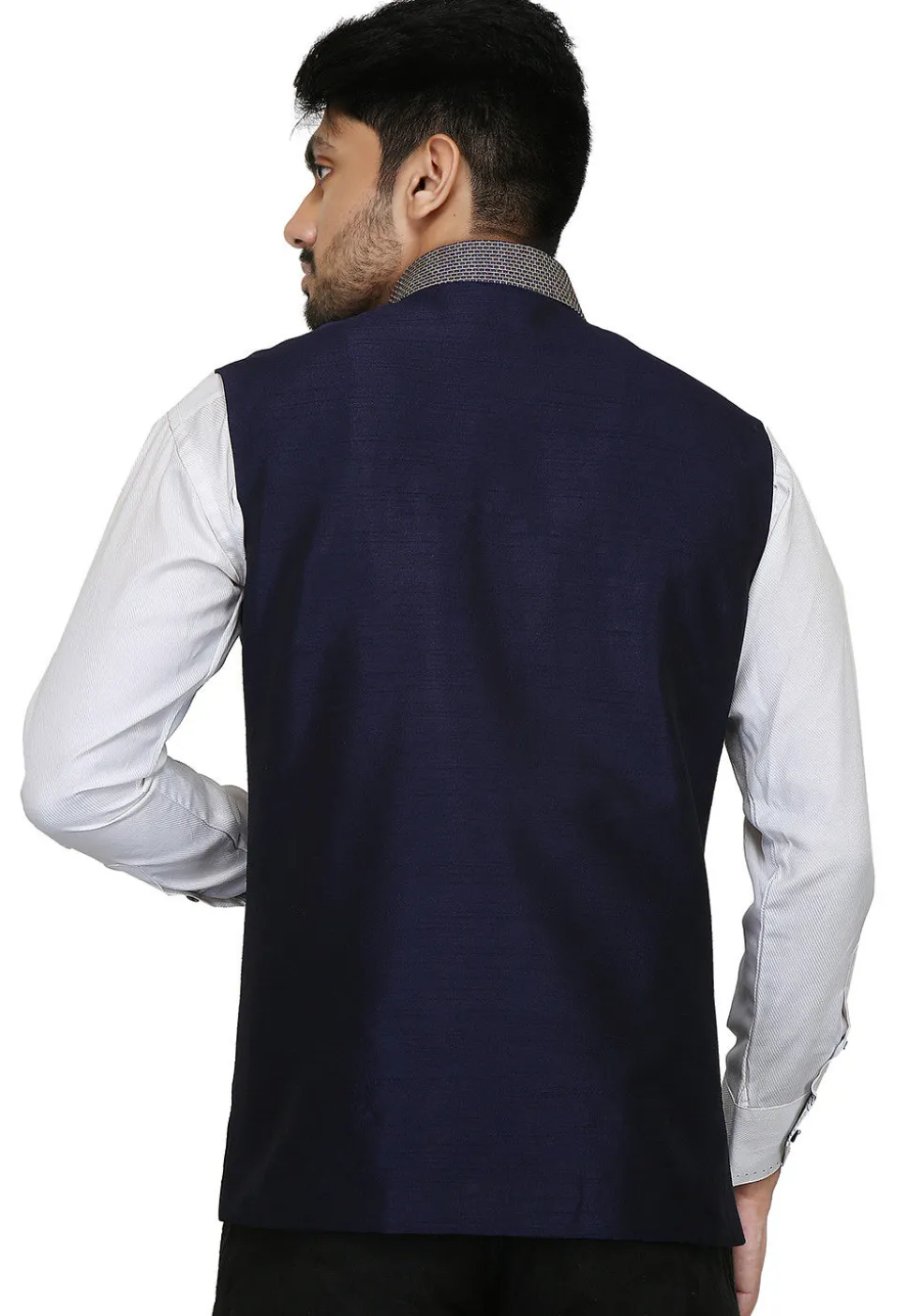 Plain Dupion Silk Nehru Jacket in Navy Blue