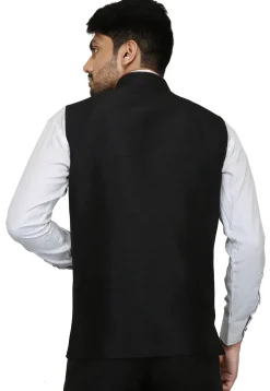 Plain Dupion Silk Nehru Jacket in Black
