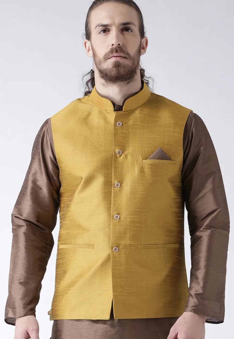 Plain Dupion Silk Nehru Jacket in Beige