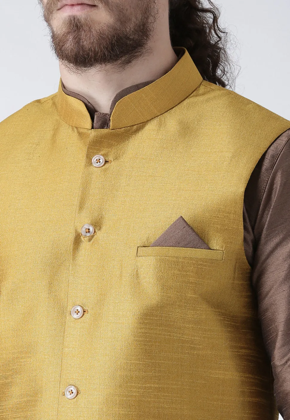 Plain Dupion Silk Nehru Jacket in Beige